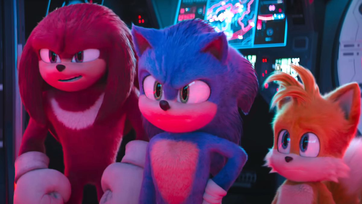 Sonic, Knuckles and Tails standing together during the trailer for Sonic the Hedgehog 3. 