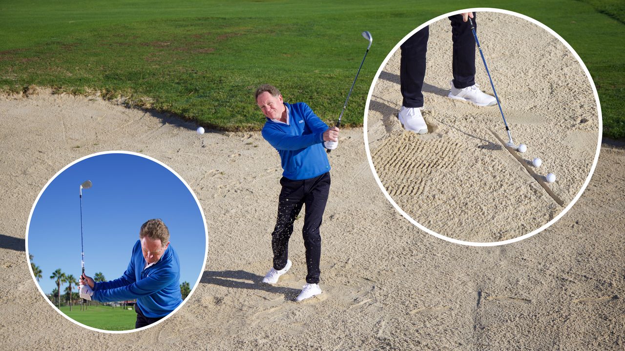 Top 50 Coach Keith Wood hitting a bunker shot with lots of spin towards the camera, with two inset images of Keith demonstrating ways that amateurs can get more spin out of bunkers