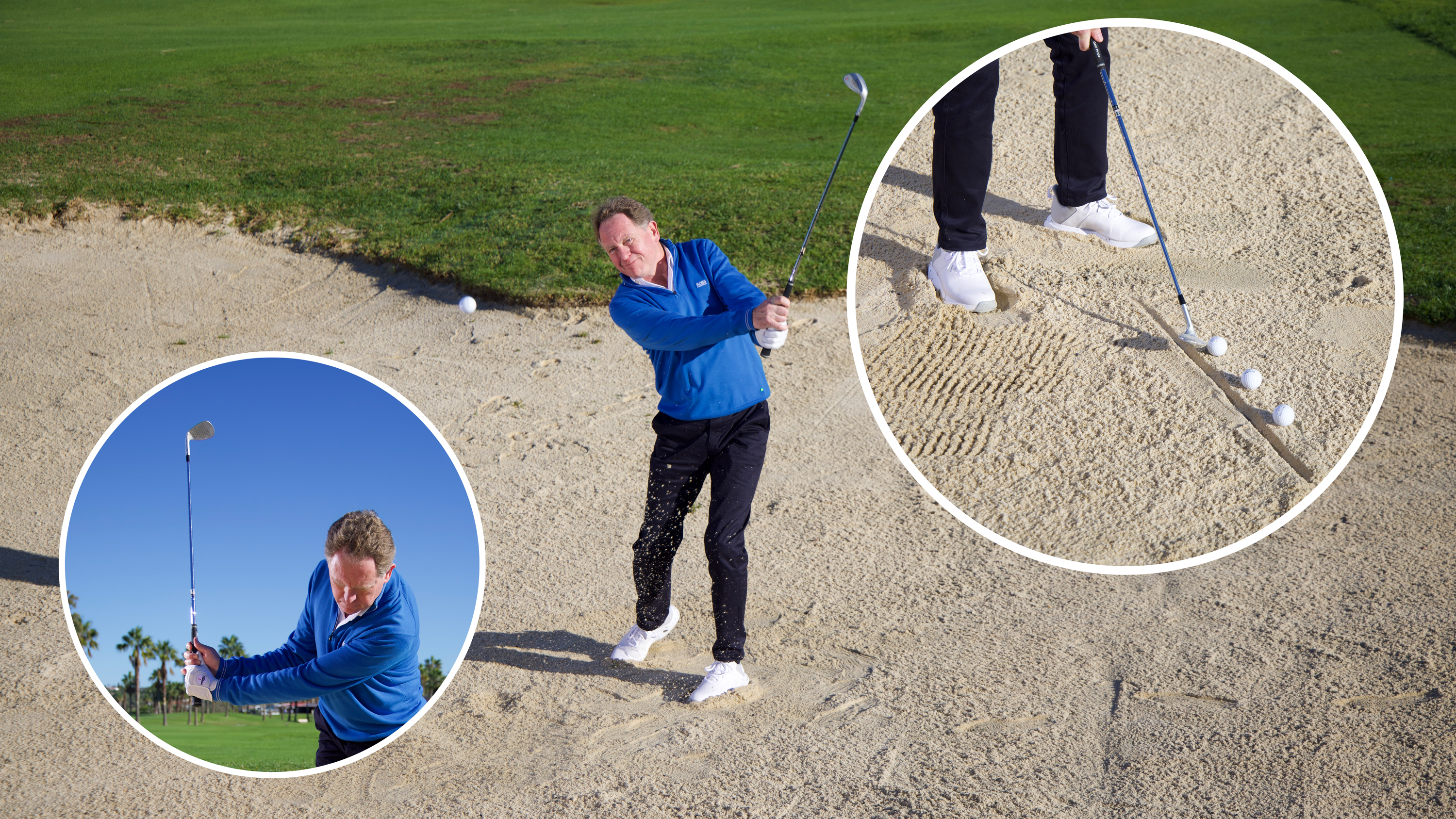 Top 50 Coach Keith Wood hitting a bunker shot with lots of spin towards the camera, with two inset images of Keith demonstrating ways that amateurs can get more spin out of bunkers
