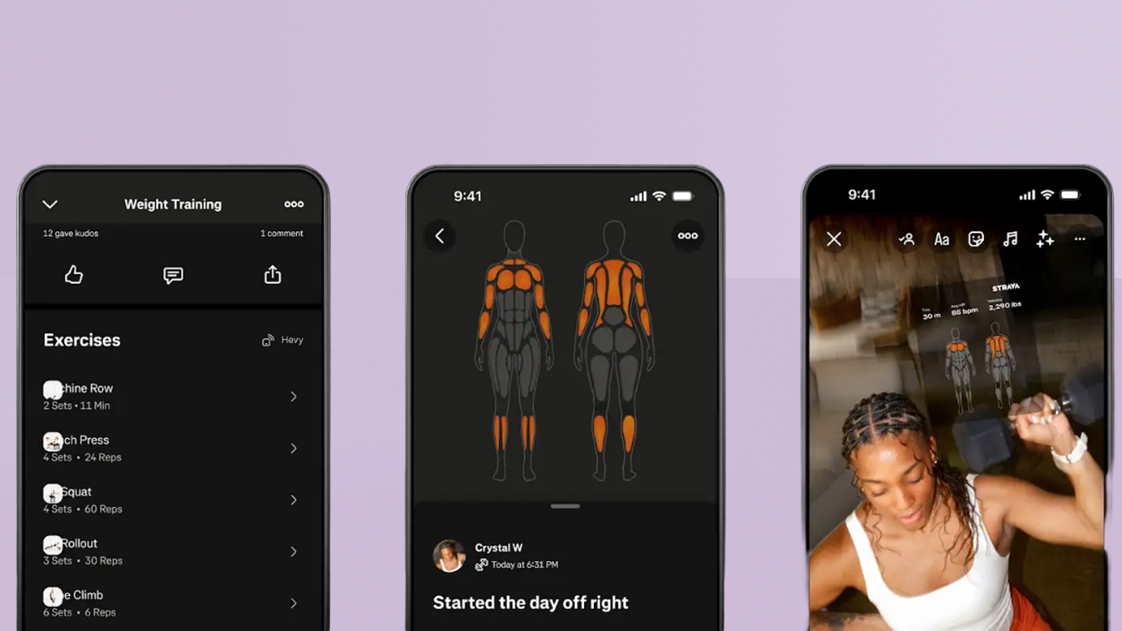 Strava Strength Experience screenshots on purple background