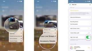 How to enable camera light settings in the Home app on the iPhone by showing steps: Tap and hold on a camera thumbnail, Tap Accessory Details, Toggle on camera light settings.