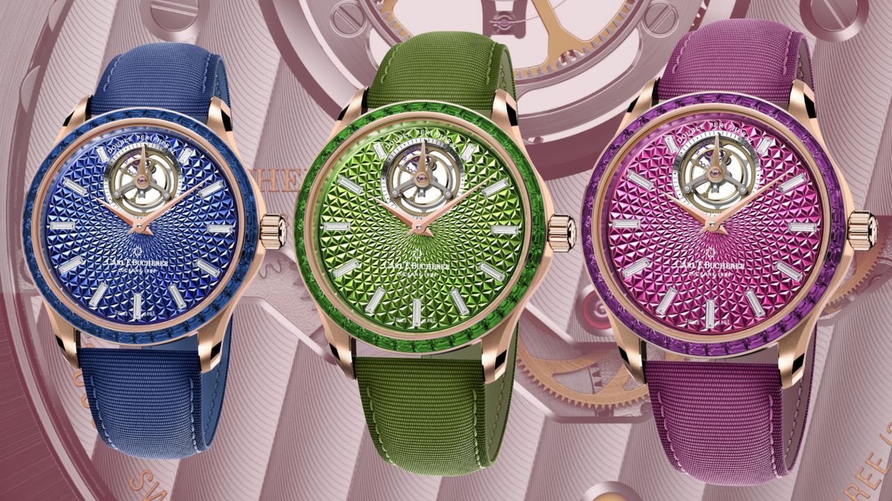 The Carl F Bucherer Manero Tourbillon Double Peripheral shown in all three colour on a backdrop of the watch movement