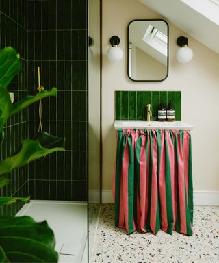 small bathroom with stripe fabric cupboard curtain