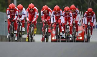 The Katusha team training on the time trial course