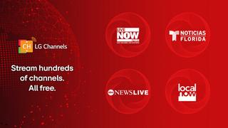 LG Channels plus logos of news services on the platform against a red background