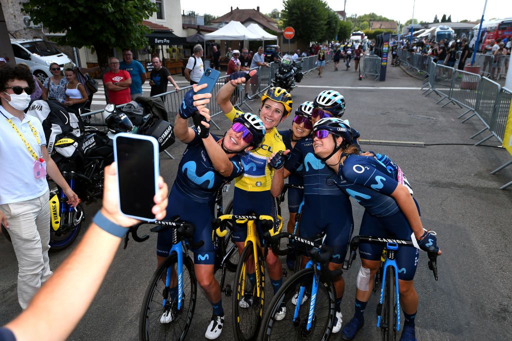 PLANCHE DES BELLES FILLES FRANCE JULY 31 Annemiek Van Vleuten of Netherlands Yellow Leader Jersey Aude Biannic of France Sheyla Gutierrez Ruiz of Spain Paula Andrea Patio Bedoya of Colombia Arlenis Sierra Caadilla of Cuba and Movistar Team prior to the 1st Tour de France Femmes 2022 Stage 8 a 1233km stage from Lure to La Super Planche des Belles Filles TDFF UCIWWT on July 31 2022 in Planche des Belles Filles France Photo by Dario BelingheriGetty Images