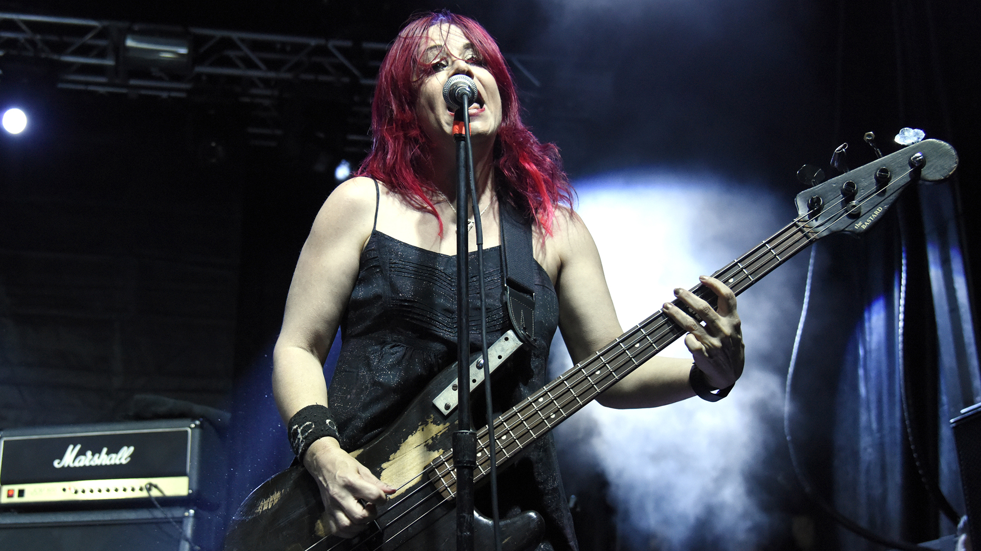 Jennifer Finch of L7 performs during Fun Fun Fun Fest 2015 at Auditorium Shores on November 8, 2015 in Austin, Texas