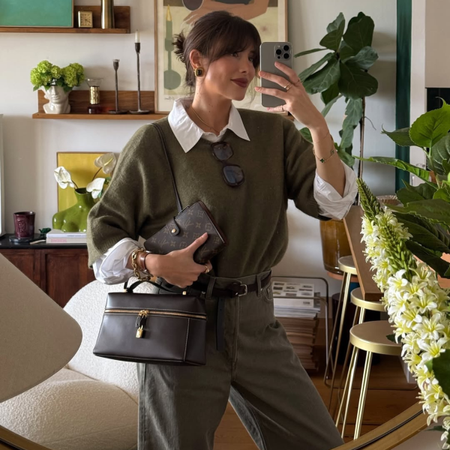 Julie wearing an olive green outfit.