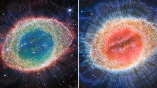 Side-by-side images of the Ring Nebula where the nebula appears as a distorted doughnut. On the right, the nebula’s inner cavity hosts shades of blue and green, while the detailed ring transitions through shades of orange in the inner regions and pink in the outer region. On the left, the nebula’s inner cavity hosts shades of red and orange, while the detailed ring transitions through shades of yellow in the inner regions and blue/purple in the outer region. The ring’s inner region has distinct filament elements.