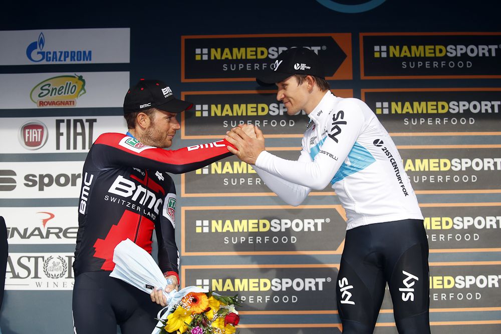 Damiano Caruso and Michal Kwiatkowski on the final Tirreno-Adriatico podium