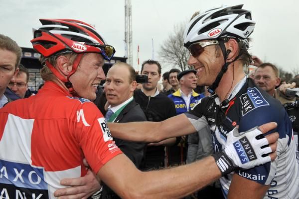 Race winner Matti Breschel, left, is congratulated by Saxo Bank teammate and compatriot Frank Hoj.