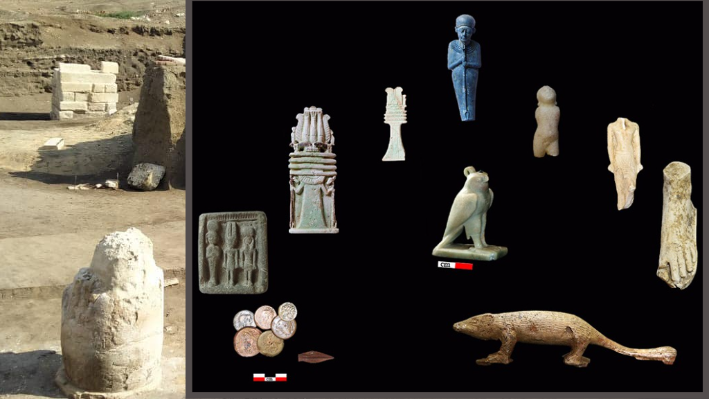 two images, one showing a temple at left and another showing several small artefacts