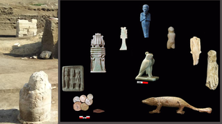 two images, one showing a temple at left and another showing several small artefacts