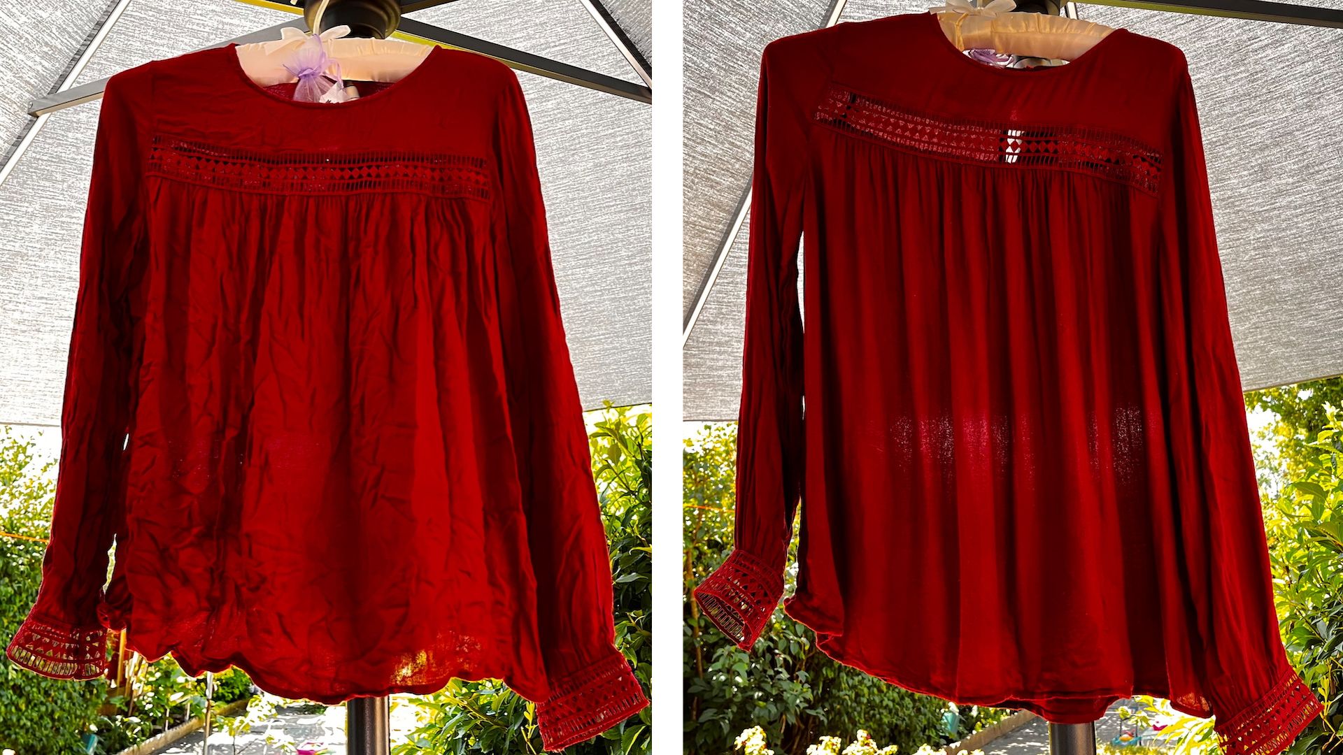 A red top before and after being sprayed with crease release spray: with deep wrinkles on the left, and smooth on the right