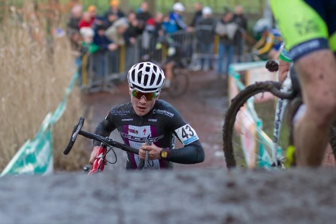 Peter Goguen runs up the ramp that takes riders back to the start finish area.