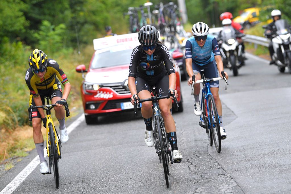 OVADA ITALY JULY 04 Marianne Vos of Netherlands and Jumbo Visma Team Liane Lippert of Germany and Team DSM Lucinda Brand of Netherlands and Team Trek Segafredo in breakaway during the 32nd Giro dItalia Internazionale Femminile 2021 Stage 3 a 135km stage from Casale Monferrato to Ovada GiroDonne UCIWWT on July 04 2021 in Ovada Italy Photo by Luc ClaessenGetty Images