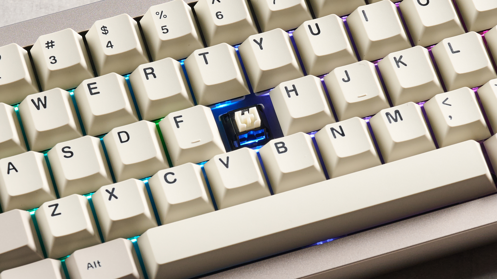 A khaki Epomaker P65 mechanical keyboard with linear switches