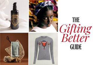 sweater, cream, and other gifts alongside text "the gifting better guide"