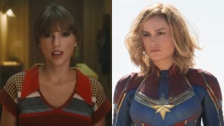From Left to Right: Taylor Swift in the Anti-Hero music video and Brie Larson in Captain Marvel.