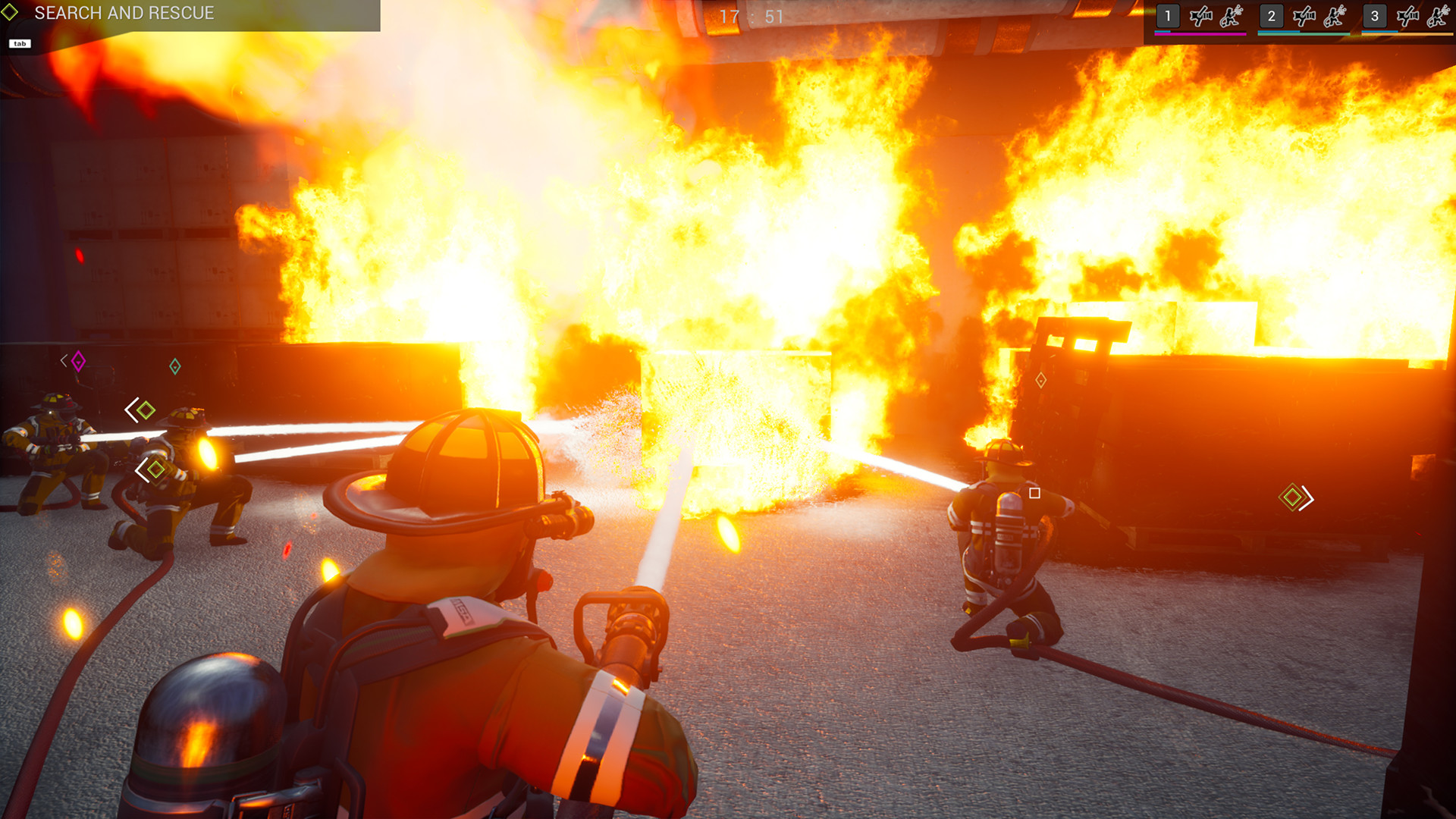 Promotional screenshot of firefighters putting out a fire in Firefighting Simulator - The Squad.