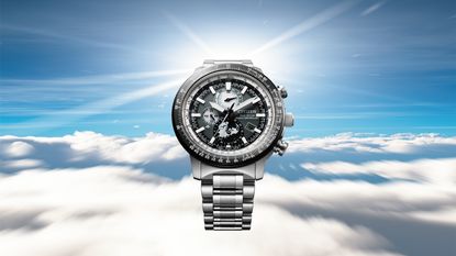 The Citizen Promaster Geo Trekker on a background of clouds and blue skies