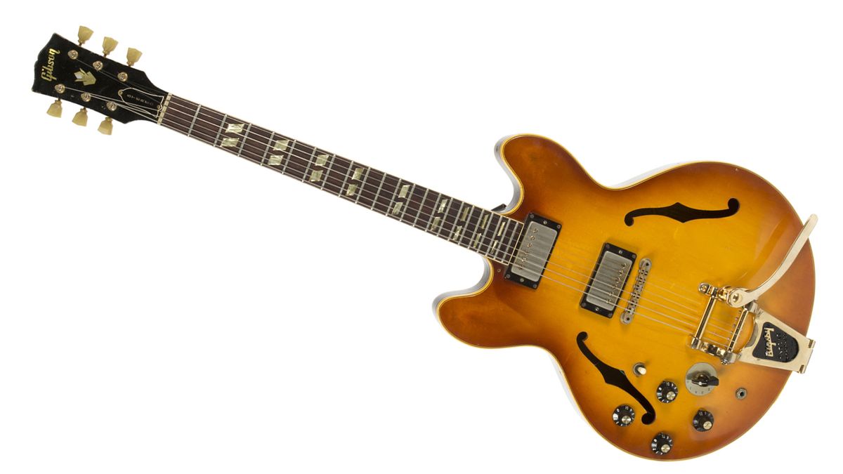 A 1965 Gibson ES-345 left-handed electric guitar, stereo, with a Varitone. Comes with the original tailpiece, original pickguard, a strap, a handwritten chord chart, and a hardshell case (est $3500-5000)