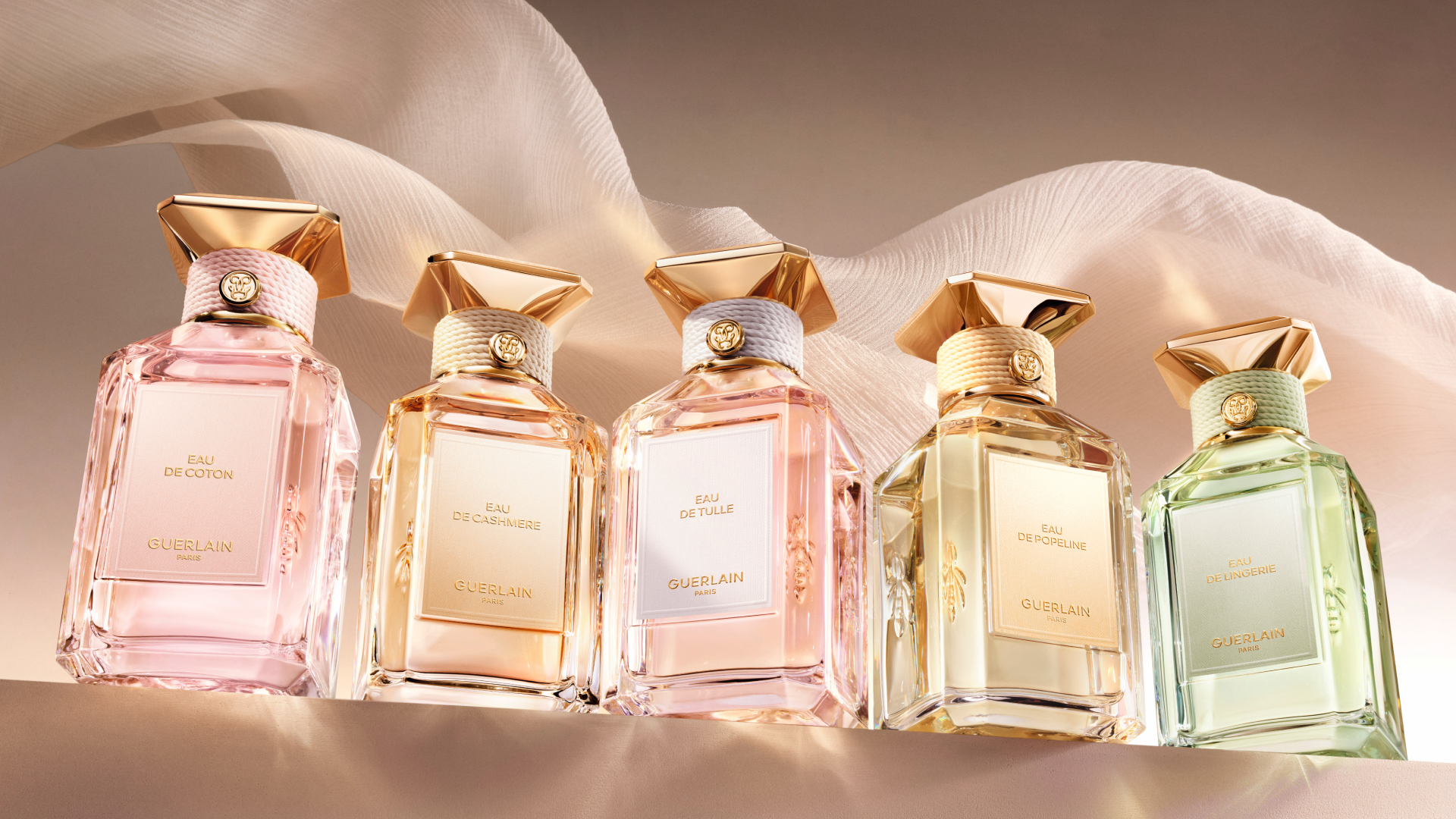Guerlain Les Eaux EDT Collection featuring Eau de Cashmere, Eau de Coton, Eau de Lingerie, Eau de Tulle, and Eau de Popeline