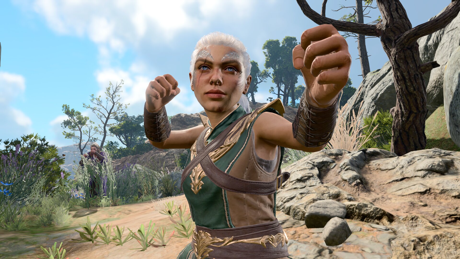Baldur's gate 3 screenshot of a draconic dwarf sorcerer raising her fists in combat