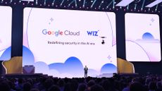 Francis deSouza, COO and president of security products at Google Cloud, pictured speaking on stage at Google Cloud Next 2026 in Las Vegas. 