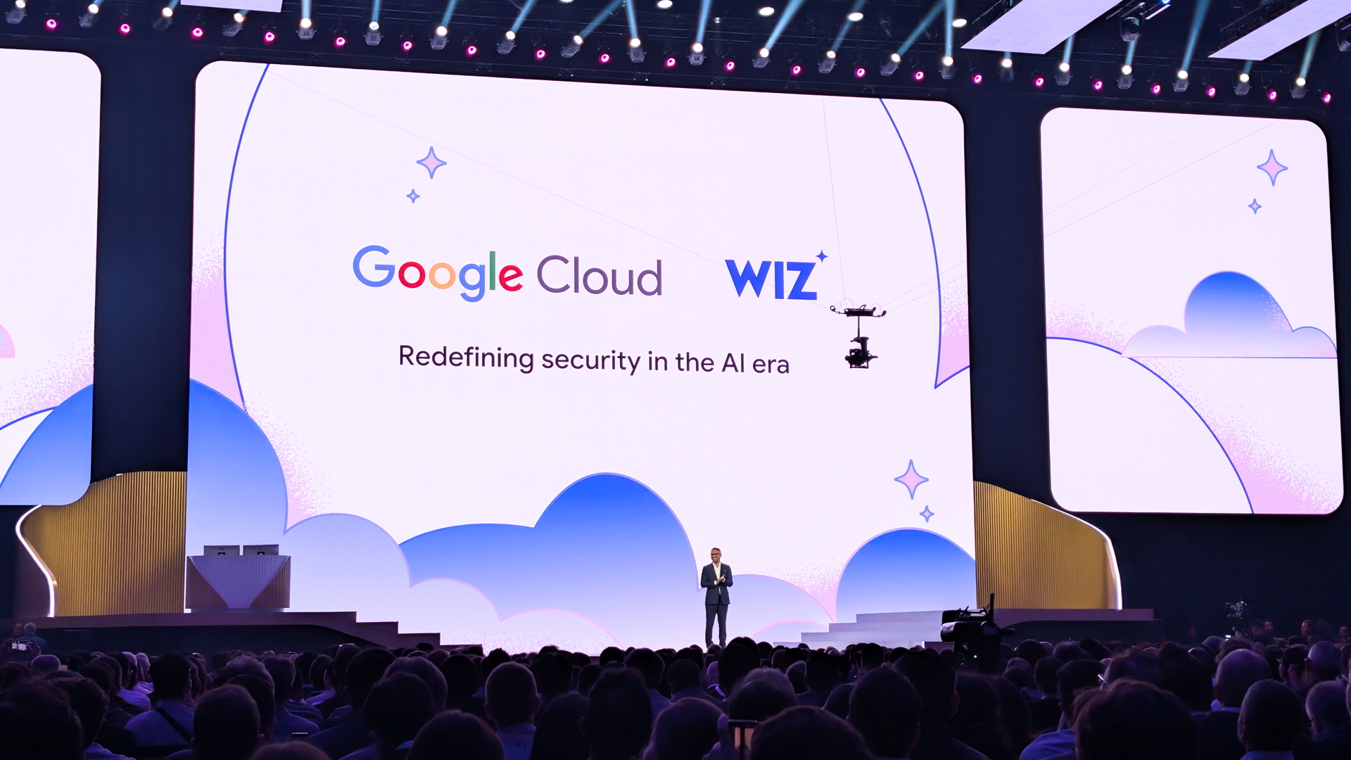 Francis deSouza, COO and president of security products at Google Cloud, pictured speaking on stage at Google Cloud Next 2026 in Las Vegas. 