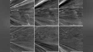 These nine images show coronal streamers on the sun, bright structures in the sun's corona normally seen only in solar eclipses, as spotted by NASA's Parker Solar Probe as it flew through the sun's outer atmosphere. In the top row, they appear as structures angled upward, and as angled downward features in the bottom row.