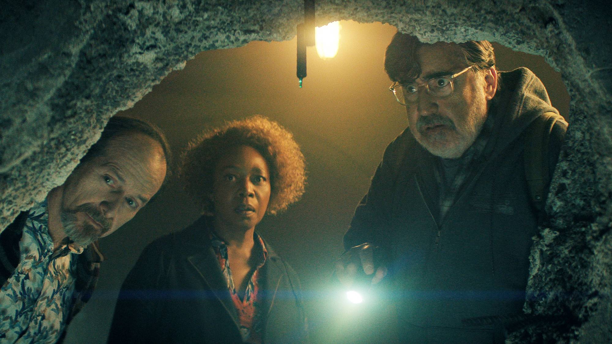 Denis O&amp;Otilde;Hare as Wally, Alfre Woodard as Judy, and Alfred Molina as Sam in "The Boroughs" on Netflix