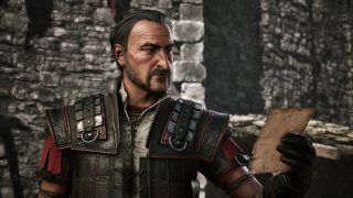 Gothic Remake camps: A close-up shot of Diego reading a note outside of the Old Camp castle.
