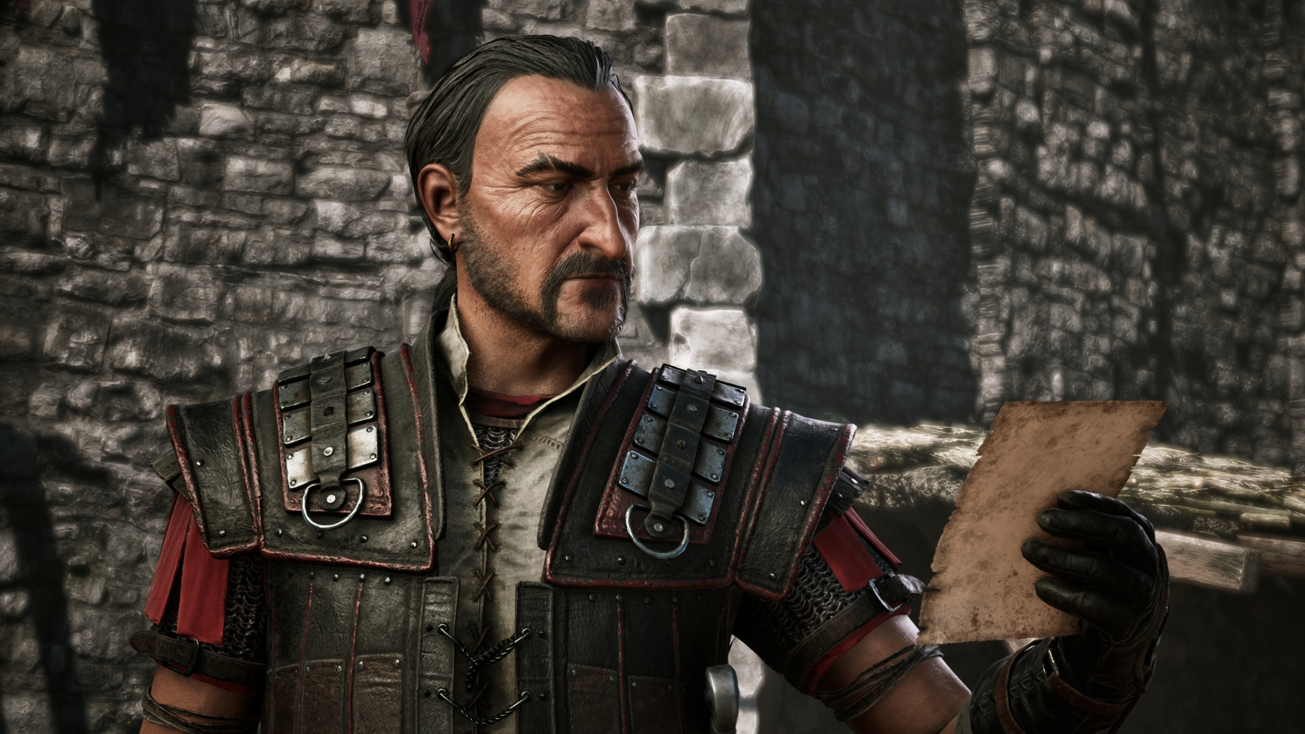 Gothic Remake camps: A close-up shot of Diego reading a note outside of the Old Camp castle.