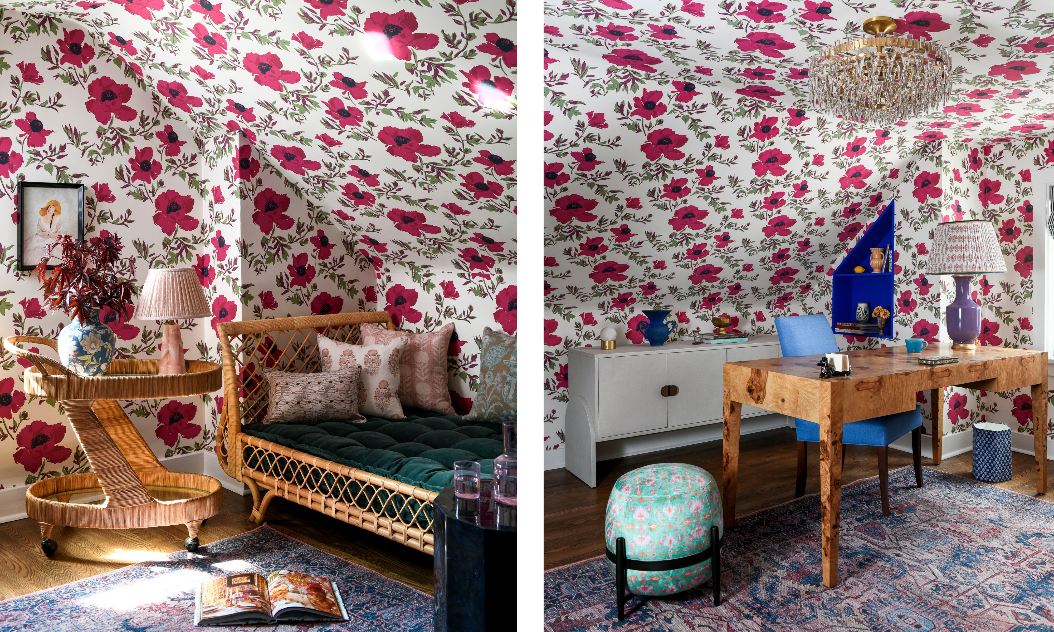 Two images of a home office room with sloped ceilings and pink floral wallpaper on all walls and the ceiling. A rattan sofa and a wooden desk with a blue chair.