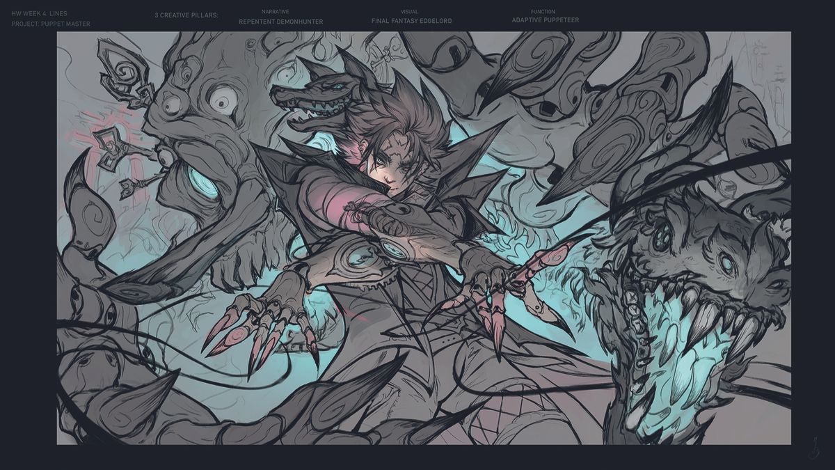 Character art that uses shadows to lead the viewer's eye to the character's face