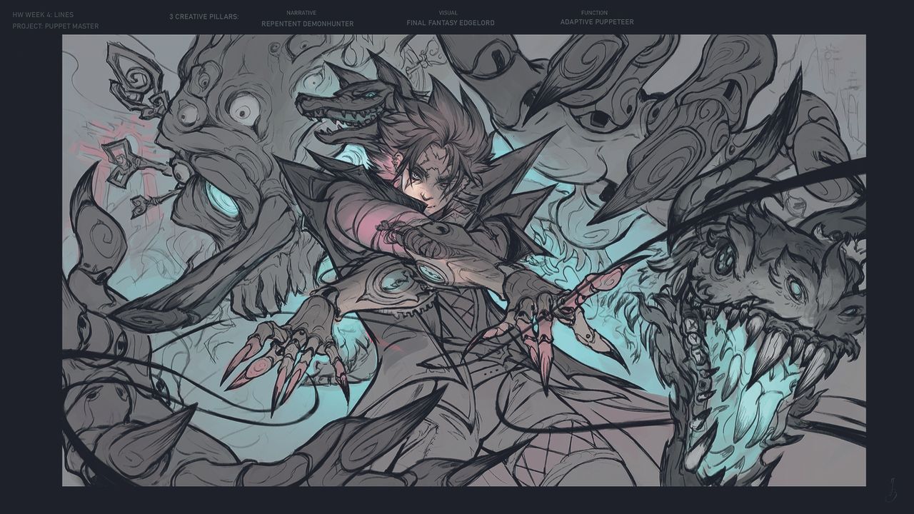 Character art that uses shadows to lead the viewer's eye to the character's face