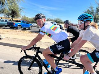 Landis and double national duathlon champion Paul Thomas en route to winning the tandem category at El Tour de Tucson in November. Thomas will work with the team and compete in occasional events.