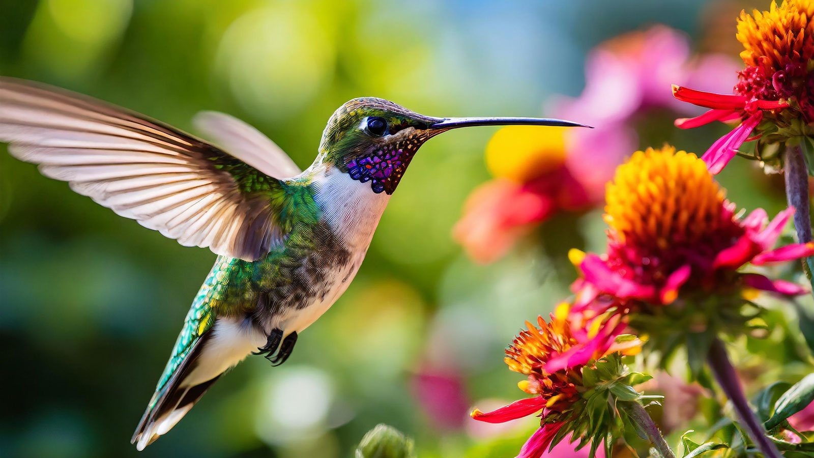 hummingbird visiting colorful flowers in garden
