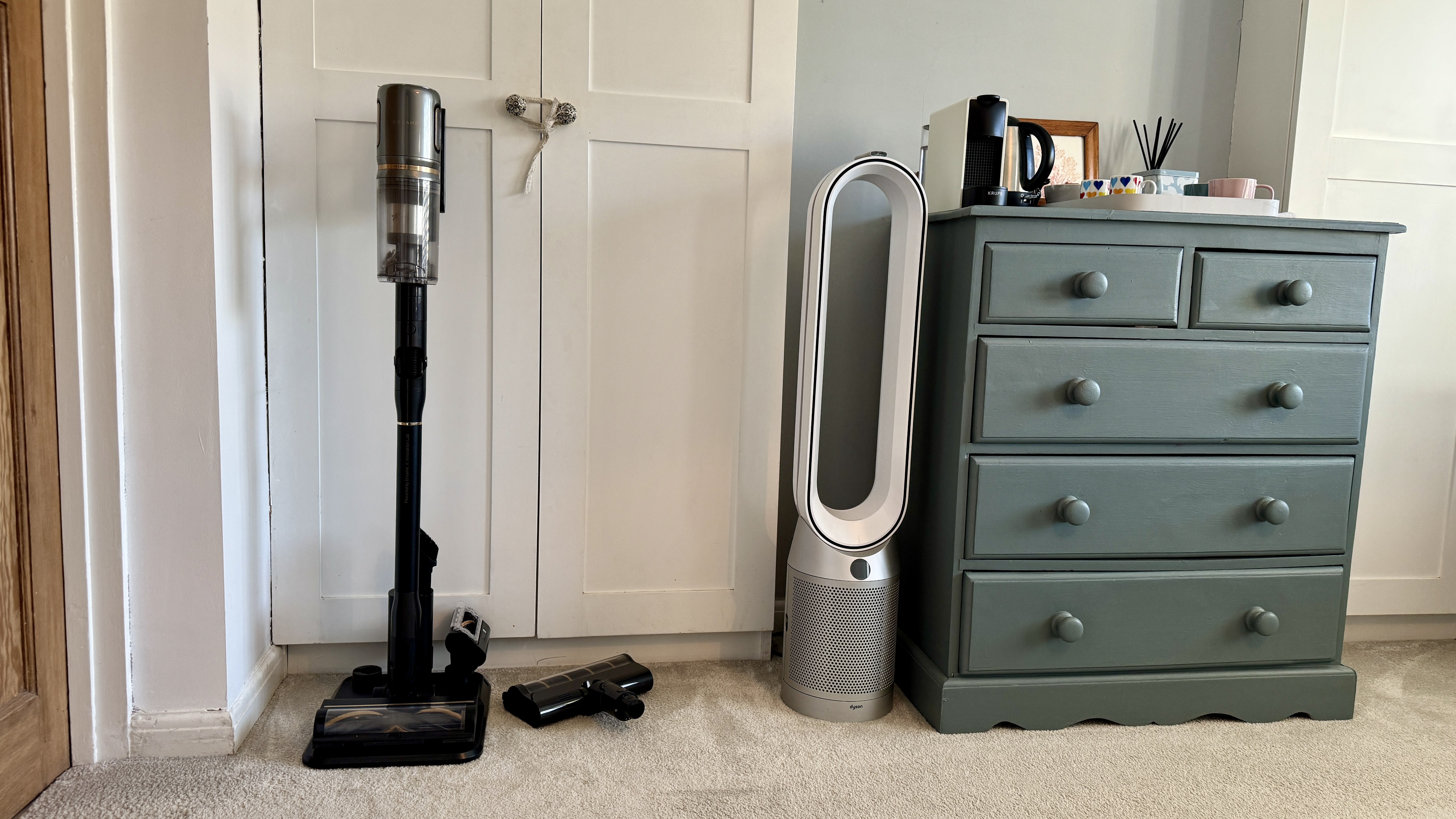 Dreame V20 Pro vacuum on its stand in a room corner