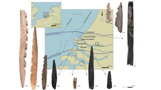 The 10 barbed points from Doggerland and the places they were discovered in the Netherlands. 