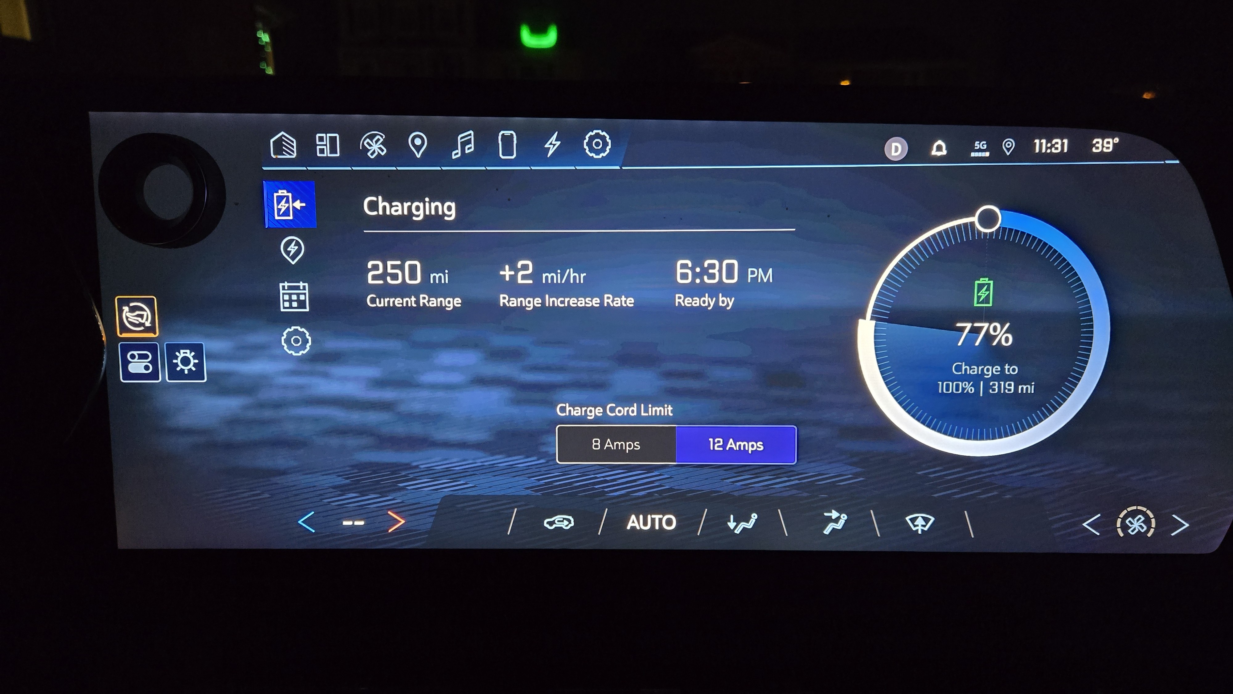 EV screen showing charging speeds.