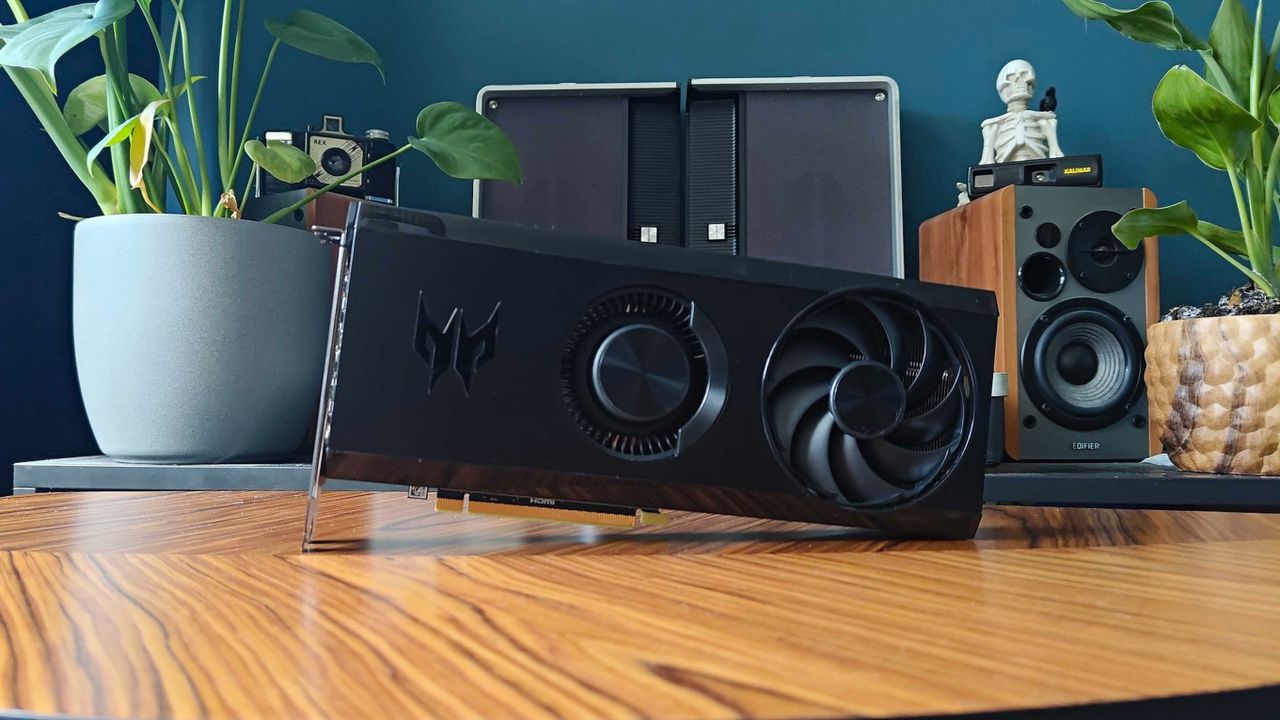 AMD Radeon RX 7600 graphics card sitting horizontal on wood table