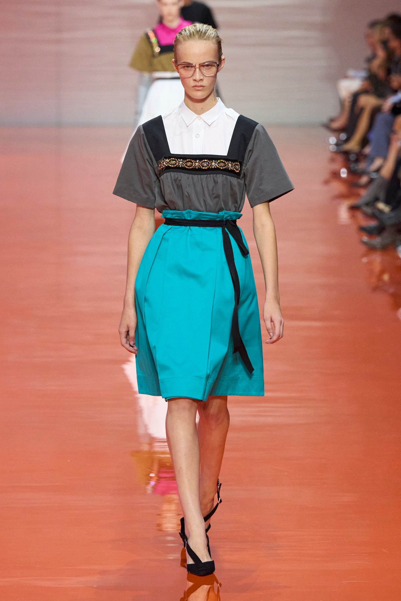 models wearing bead and gem embellished tops on the Prada spring 2026 runway