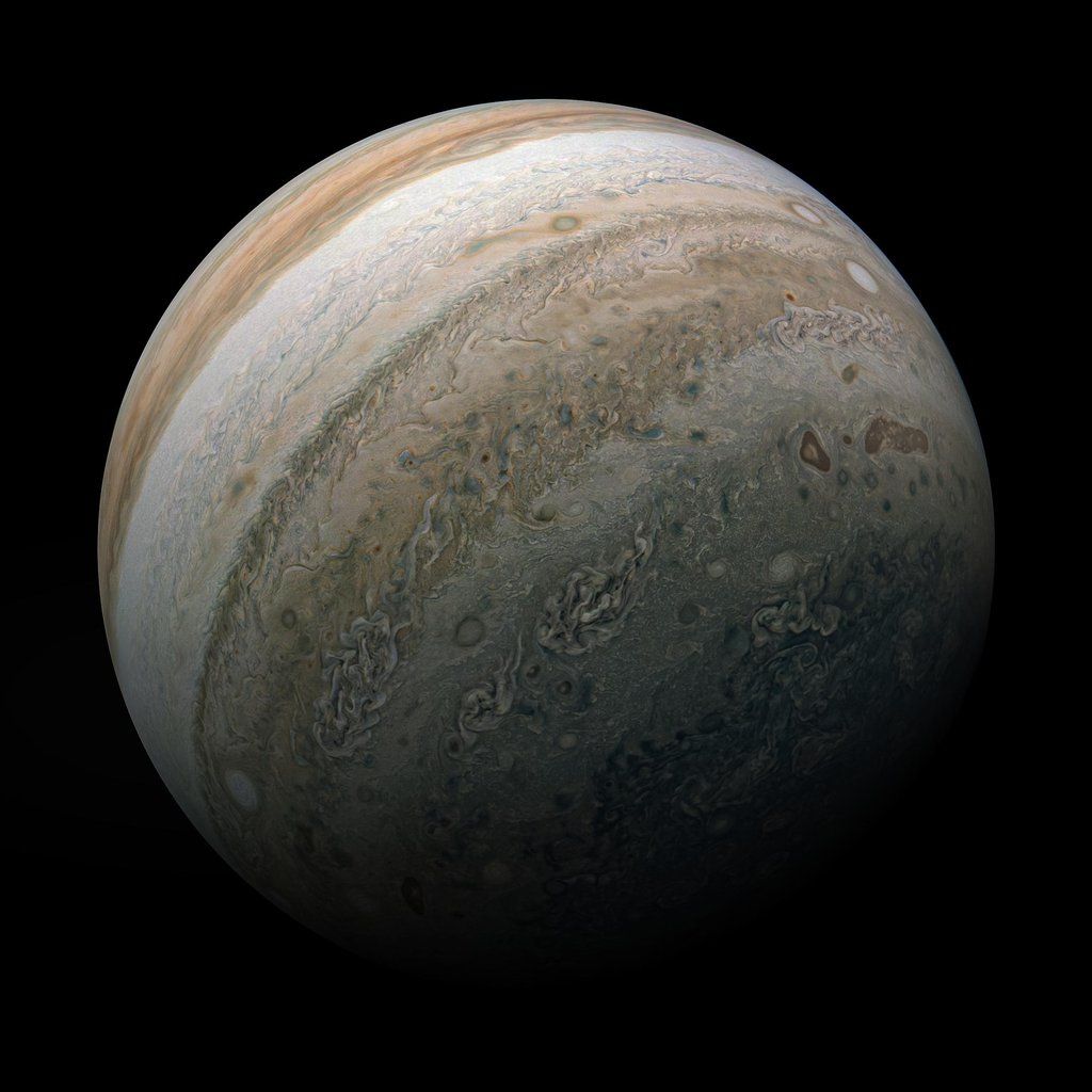 Jupiter&#039;s southern hemisphere, as seen by NASA&#039;s Juno spacecraft. In a new study, NASA&#039;s NuSTAR space telescope spots the highest-energy light from Jupiter.