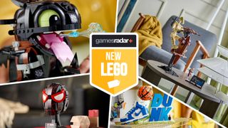 Toothless, Miles Morales' Mask, Battle Droid with STAP, and Nike Dunk sets divided from each other by white lines, with a 'GamesRadar+ New Lego' badge in the middle