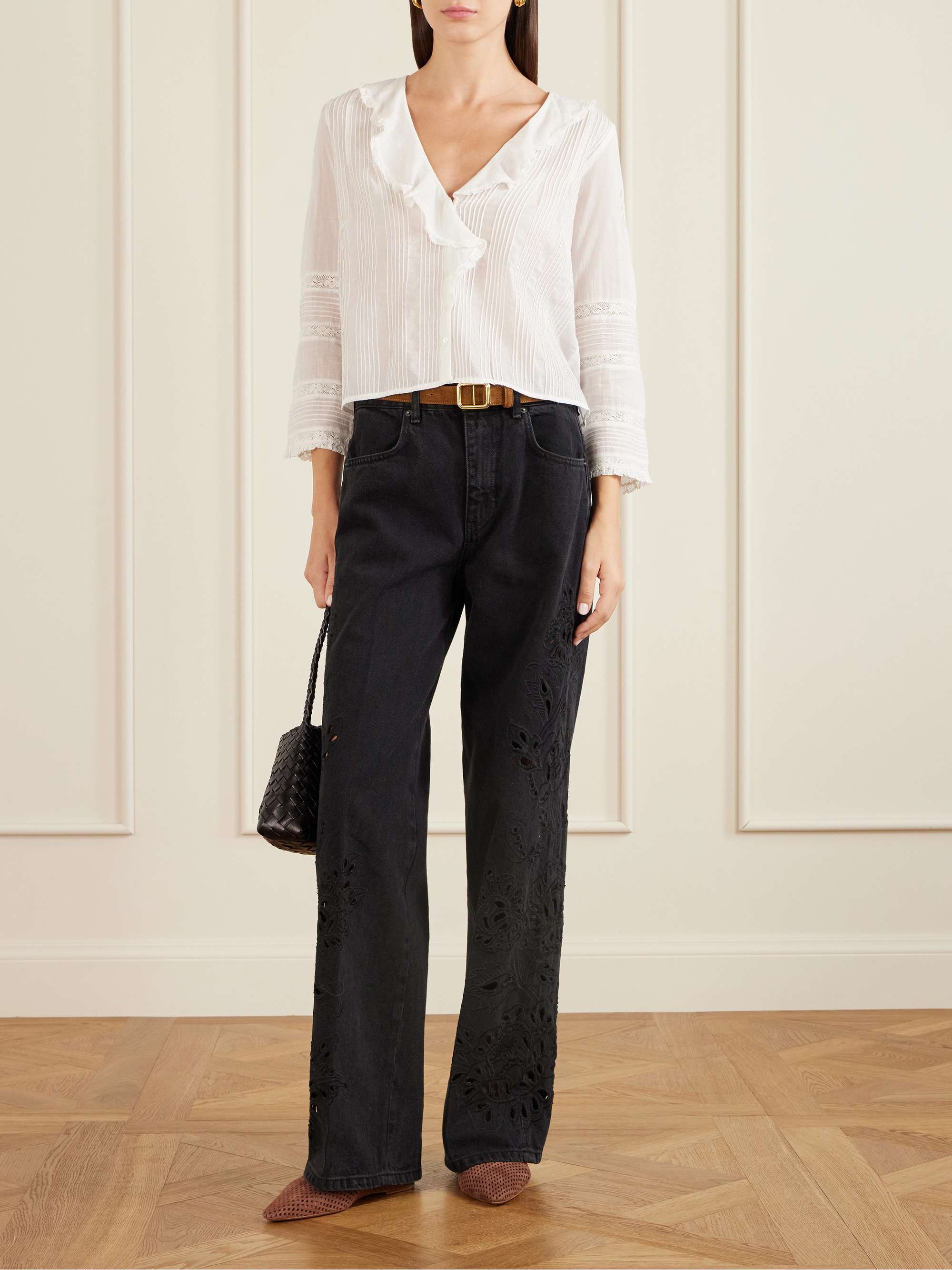 Huguette Ruffled Pleated Lace-Trimmed Organic Cotton Blouse