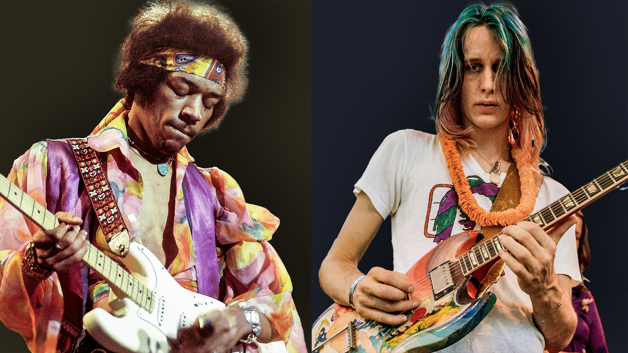 LEFT: Jimi Hendrix at the Royal Albert Hall in London on 24th February 1969. RIGHT: Todd Rundgren playing his psychedelic guitar, a Gibson SG originally painted for Eric Clapton by the Dutch design collective The Fool. 