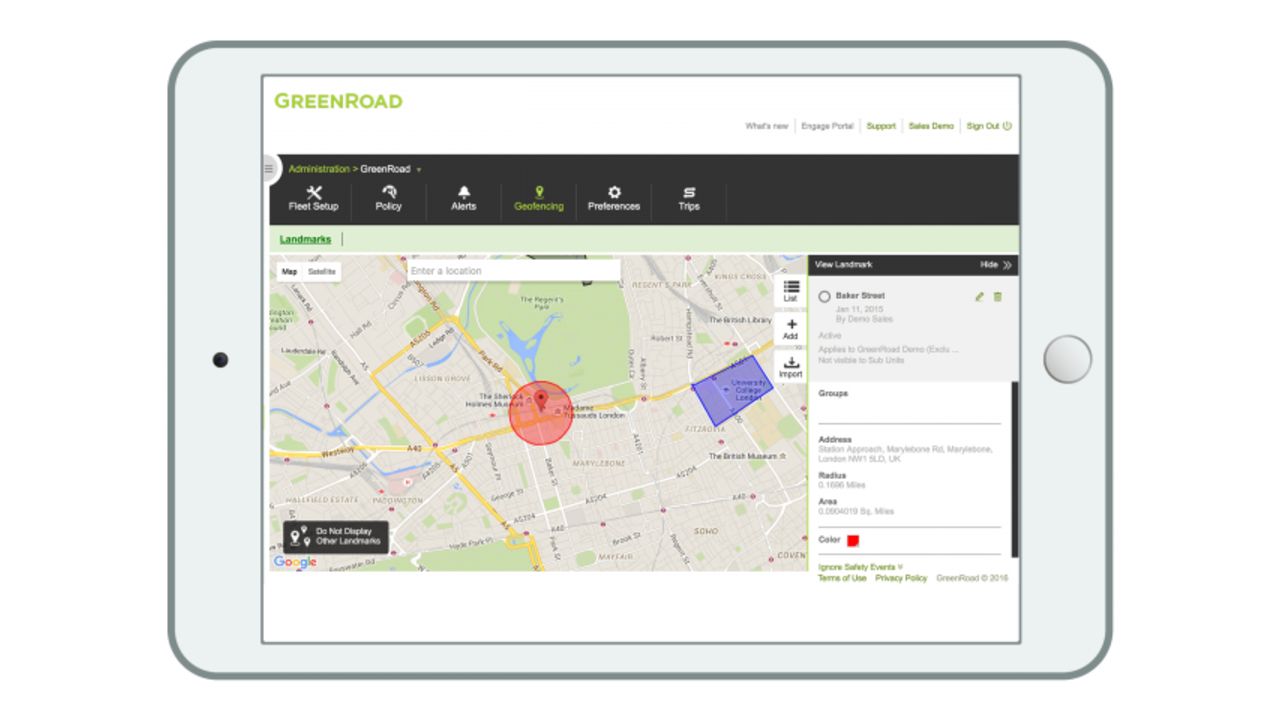 screenshot of the greenroad platform on a tablet