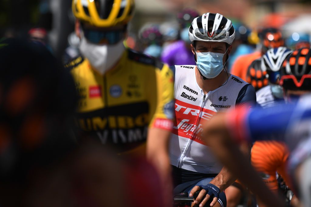 ESPINOSA DE LOS MONTEROS SPAIN JULY 30 Start Jasper Stuyven of Belgium and Team TrekSegafredo Sargentes de la Lora Village during the 42nd Vuelta a Burgos 2020 Stage 3 a 150km stage from Sargentes de la Lora to Espinosa de los Monteros Picn Blanco 1486m VueltaBurgos on July 30 2020 in Espinosa de Los Monteros Spain Photo by David RamosGetty Images